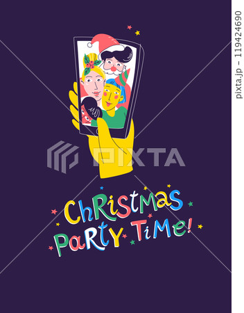 Friends gather for a holiday selfie, capturing festive joy on a smartphone. 119424690