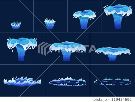 Water crown splash animation. Dynamic burst and splashing droplets with rebound effect and circular ripple. Fluid motion animated frames sequence cartoon vector set 119424696