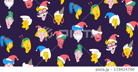 Christmas Party Time unique Characters. Seamless pattern background. Diverse collection of festive faces. 119424700