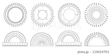 Protractor ruler. Angle measurement tool, circular scale and semicircular protractor with ruler markings. Measuring circle with 360 and 180 degree coordinates vector set Protractor ruler. Angle measurement tool, circular scale and semicircular protractor with ruler markings. Measuring circle with 360 and 180 degree coordinates vector set 119424701