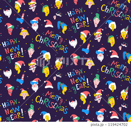 Christmas Party Time unique Characters. Seamless pattern background. Diverse collection of festive faces. 119424702