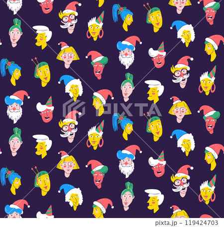 Christmas Party Time unique Characters. Seamless pattern background. Diverse collection of festive faces. 119424703