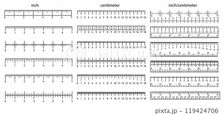 Ruler measurement scales. Inch, centimeter and mixed rulers, precise metric and imperial scales. Horizontal meter distance or scale markup, size indicators vector set Ruler measurement scales. Inch, centimeter and mixed rulers, precise metric and imperial scales. Horizontal meter distance or scale markup, size indicators vector set 119424706