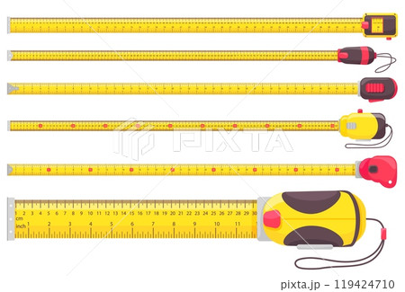 Carpenter measuring tape ruler. Yellow tape measures with metric and imperial measurements, inches and centimeters scales. Length isolated vector illustrations set 119424710