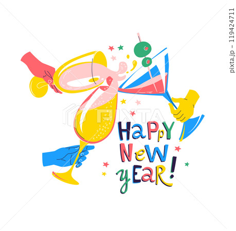New Year Eve Cheers, colorful festive vector illustration of clinking glasses and a joyful toast New Year Eve Cheers, colorful festive vector illustration of clinking glasses and a joyful toast 119424711
