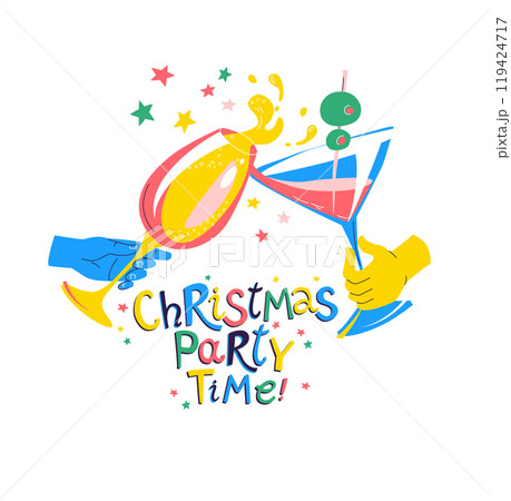 Merry Christmas and New Year Eve Cheers, colorful festive vector illustration of clinking glasses and a joyful toast 119424717