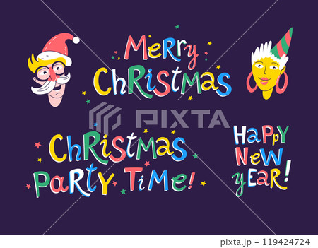 Festive Holiday Messages Bright, colorful set of cheerful Christmas and New Year greetings 119424724