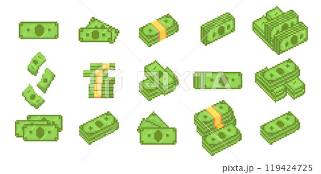 Pixel art cash banknotes. Pixelated money, dollar bills stacks and piles of cash. Digital currency, financial retro arcade game icons with retro gaming aesthetic vector illustrations set Pixel art cash banknotes. Pixelated money, dollar bills stacks and piles of cash. Digital currency, financial retro arcade game icons with retro gaming aesthetic vector illustrations set 119424725
