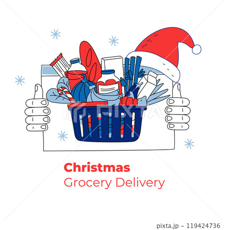 Festive vector illustration Christmas grocery delivery via laptop. 119424736