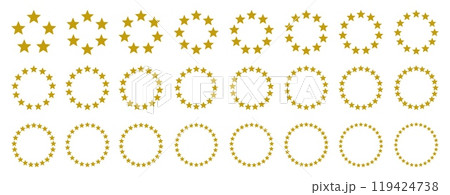 Star circles. Golden starry rings, from 5 to 28 stars arranged in circular patterns for ratings, achievement or warranty certificate badge, award stamp or premium quality label design vector set 119424738