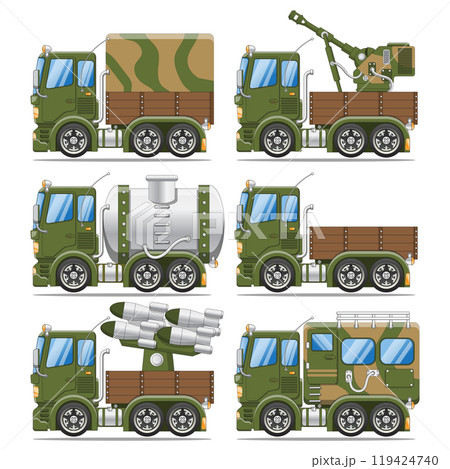 Set of military trucks. Side view. Isolated on white background. Vector illustration.  119424740