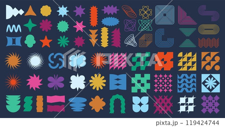 Abstract star geometric shapes. Dynamic forms, creative brutalist flat figures and zen line patterns. Zigzag sticker silhouettes, star and spark elements vector set 119424744