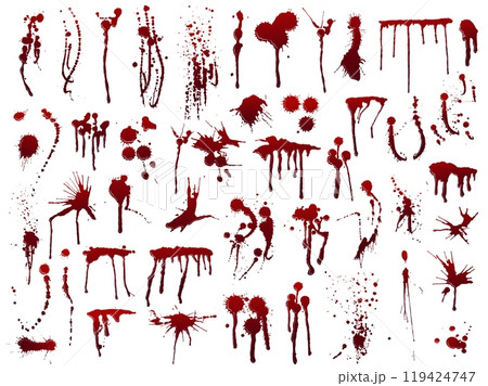 Realistic horror blood splatter. Drip patterns, red ink blot textures, grunge stains and drops for horror, crime scene, and halloween design. Spooky vector set Realistic horror blood splatter. Drip patterns, red ink blot textures, grunge stains and drops for horror, crime scene, and halloween design. Spooky vector set 119424747
