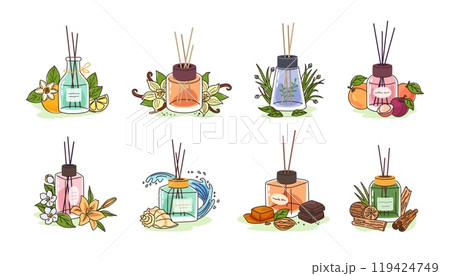 Reed sticks diffuser perfume types. Aroma glass bottles with citrus, oriental spices, fresh grass, fruits and gourmand fragrances notes. Flowers, aquatic and woody perfumes vector illustration set 119424749