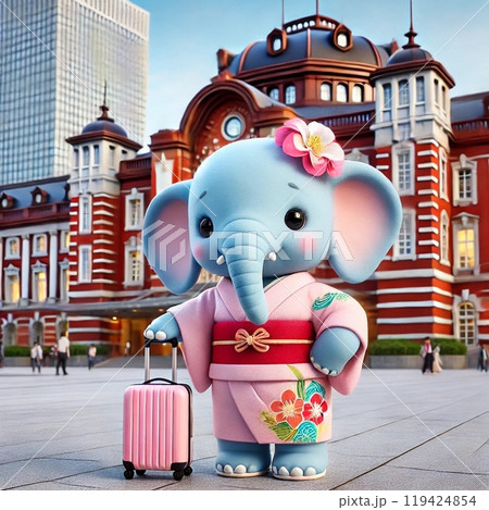旅行に行く着物を着た水色の可愛い象 119424854