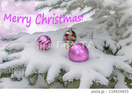 Paw of blue spruce covered with snow and decorated with soft pink Christmas balls. Outside on winter day. Postcard with greetings. Inscription Merry Christmas 119424855