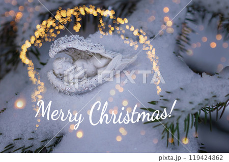 Christmas card with sleeping baby angel on snowy fir tree branch. Merry Christmas Christmas card with sleeping baby angel on snowy fir tree branch. Merry Christmas 119424862