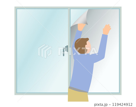 窓にフィルム（防犯フィルムや遮熱フィルム、目隠しフィルムなど）を貼る人のイラスト	 119424912