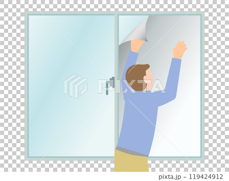 窓にフィルム（防犯フィルムや遮熱フィルム、目隠しフィルムなど）を貼る人のイラスト	 119424912
