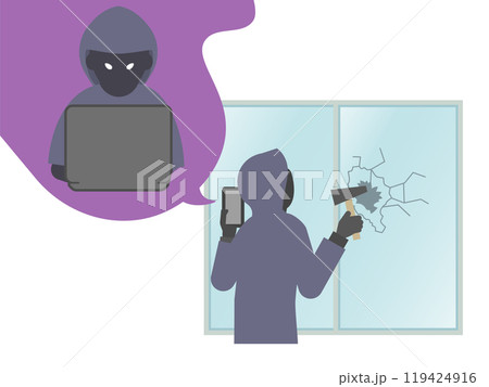スマホで指令を受けてハンマーで窓を割る泥棒のイラスト スマホで指令を受けてハンマーで窓を割る泥棒のイラスト 119424916