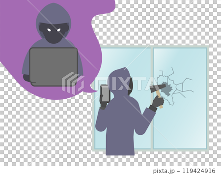 スマホで指令を受けてハンマーで窓を割る泥棒のイラスト スマホで指令を受けてハンマーで窓を割る泥棒のイラスト 119424916