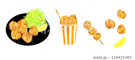 鶏のからあげの色々な食べ方セット 料理・食べ物の手描き水彩イラスト素材集 鶏のからあげの色々な食べ方セット 料理・食べ物の手描き水彩イラスト素材集 119425367
