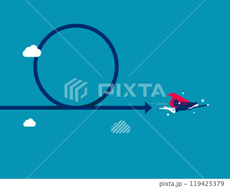 Agile methodology in project management. Software development concept. Sprint or dev cycle to release and improve product, scrum process or workflow. Businessman superhero fly with agile cycle. Agile methodology in project management. Software development concept. Sprint or dev cycle to release and improve product, scrum process or workflow. Businessman superhero fly with agile cycle. 119425379