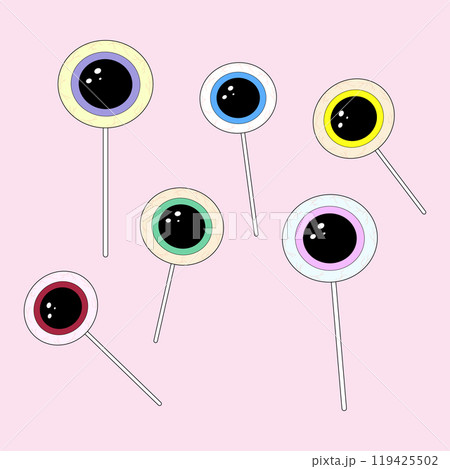 Vector illustration of colorful eyeball-shaped lollipops, perfect for Halloween-themed designs, party decorations, and spooky treats. 119425502