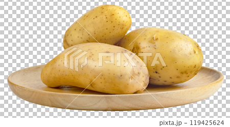 potatoes on wooden plate isolated potatoes on wooden plate isolated 119425624