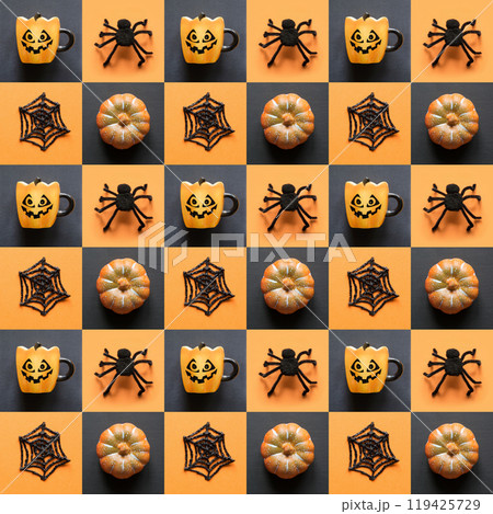 Seamless pattern of Halloween collage with pumpkin, spiders, cup, decorations. 119425729