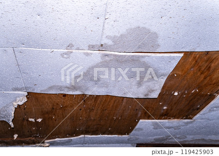 雨漏りの湿気で剥がれた天井のパネル 119425903