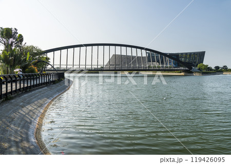Building view of the Jhihmei Bridge at the Southern Branch of the National Palace Museum in Chiayi, Taiwan.  119426095