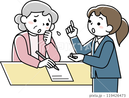 書類の記入に苦労するシニア女性と説明する女性 119426473