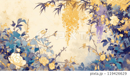 藤の花と牡丹の花の日本画 藤の花と牡丹の花の日本画 119426629