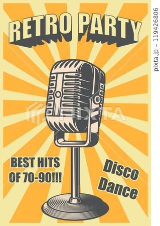 Retro party. Poster template with retro style microphone. Design element for banner, sign, flyer. Vector illustration 119426806