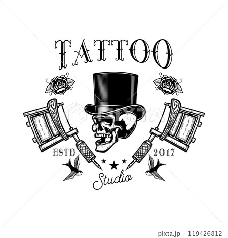 Tattoo studio emblem template. Crossed tattoo machine, skull, roses. Design element for logo, label, sign, poster, t shirt. Vector illustration 119426812