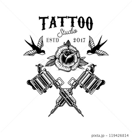 Tattoo studio emblem template. Crossed tattoo machine, roses, swallows. Design element for logo, label, sign, poster, t shirt. Vector illustration 119426814