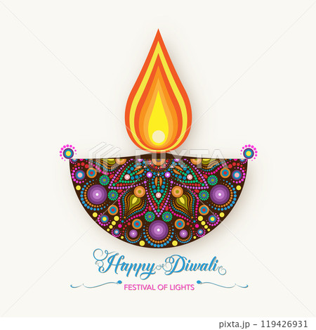 Diwali Diya Oil Lamp in rangoli design, floral pattern. Indian Festival of Lights, India Festive Celebration colorful logo template. Vector illustration isolated on white  background 119426931