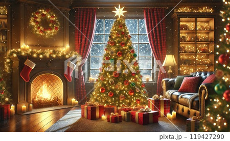 金色に輝くクリスマスツリーのライトアップ 119427290