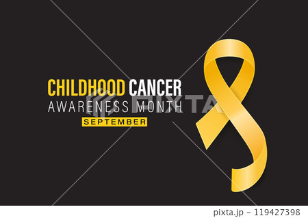 Childhood Cancer Awareness Month Banner, September. Card or Placard with Realistic 3D Vector Gold Yellow Ribbon on Black Background. Childhood Cancer Awareness Symbol. World Childhood Cancer Day Childhood Cancer Awareness Month Banner, September. Card or Placard with Realistic 3D Vector Gold Yellow Ribbon on Black Background. Childhood Cancer Awareness Symbol. World Childhood Cancer Day 119427398
