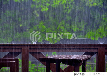 豪雨、ゲリラ雷雨のイメージ・大雨に叩かれるウッドデッキとガーデンファニチャー(1) 119427439
