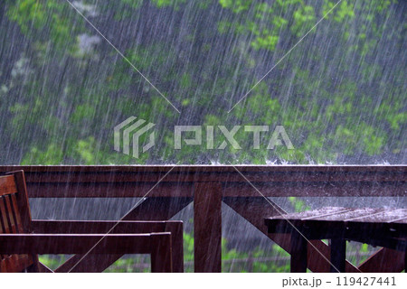 豪雨、ゲリラ雷雨のイメージ・大雨に叩かれるウッドデッキとガーデンファニチャー(3) 119427441