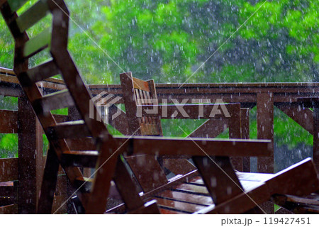 豪雨、ゲリラ雷雨のイメージ・大雨に叩かれるウッドデッキとガーデンファニチャー(13) 豪雨、ゲリラ雷雨のイメージ・大雨に叩かれるウッドデッキとガーデンファニチャー(13) 119427451