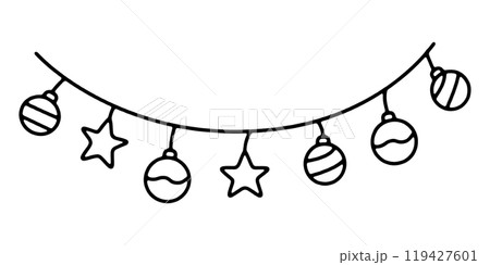 クリスマスオーナメントのガーランド飾りの手描き線画イラスト 透過