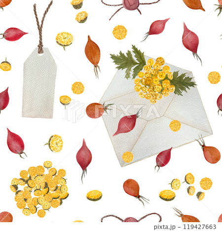 Blue tansy yellow flowers, rose hips and an open envelope watercolor seamless pattern isolated on white. Hand painted image great for textile, herbal production, packages decor, wrapping paper 119427663