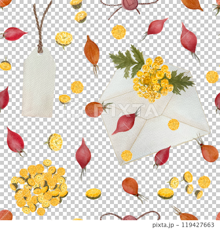 Blue tansy yellow flowers, rose hips and an open envelope watercolor seamless pattern isolated on white. Hand painted image great for textile, herbal production, packages decor, wrapping paper 119427663