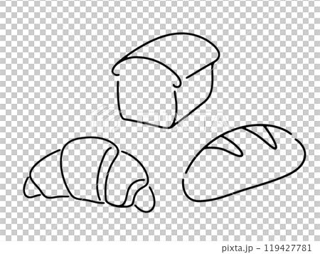 ベーカリーの焼き立てパンの手描き線画イラスト　透過背景の切り抜き 119427781