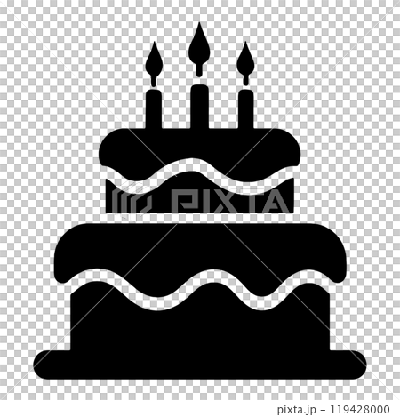 A simple silhouette illustration of a birthday cake with candles on it, cut out on a transparent background 119428000