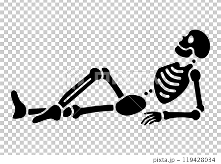 Silhouette illustration of a skeleton lying down in a sloppy pose, cut out on a transparent background 119428034