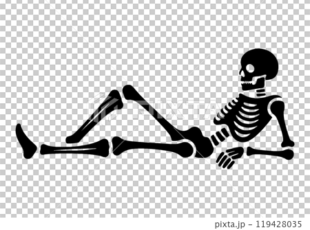 Silhouette illustration of a skeleton lying down in a sloppy pose, cut out on a transparent background Silhouette illustration of a skeleton lying down in a sloppy pose, cut out on a transparent background 119428035